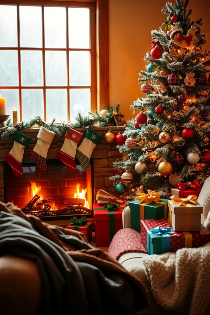Festive Decorations Around a Cozy Fireplace – free AI stock image