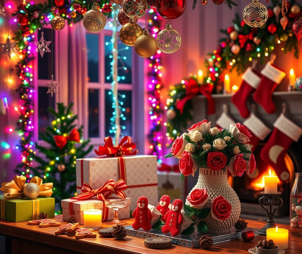 Festive Holiday Celebration with Colorful Decorations – free AI stock image