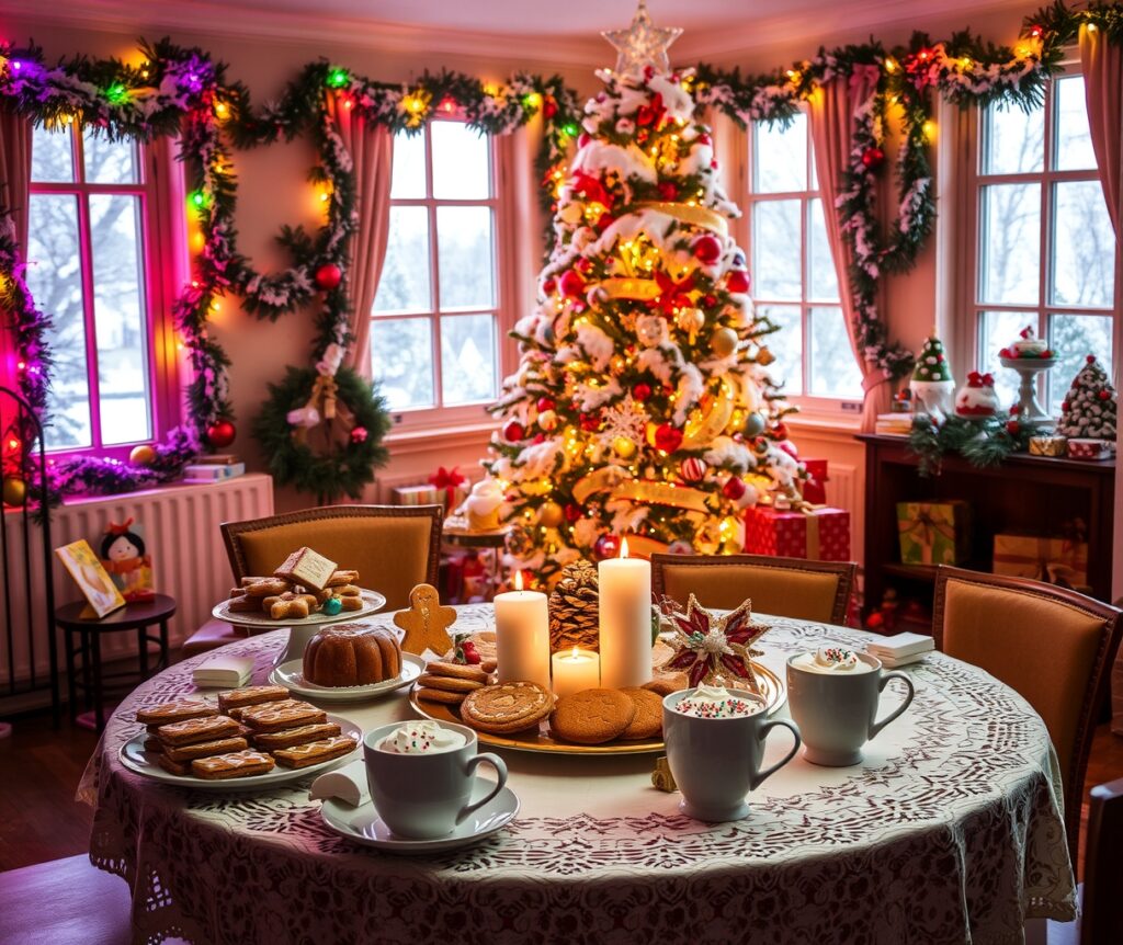Festive Holiday Decor and Cheerful Gathering – free AI stock image
