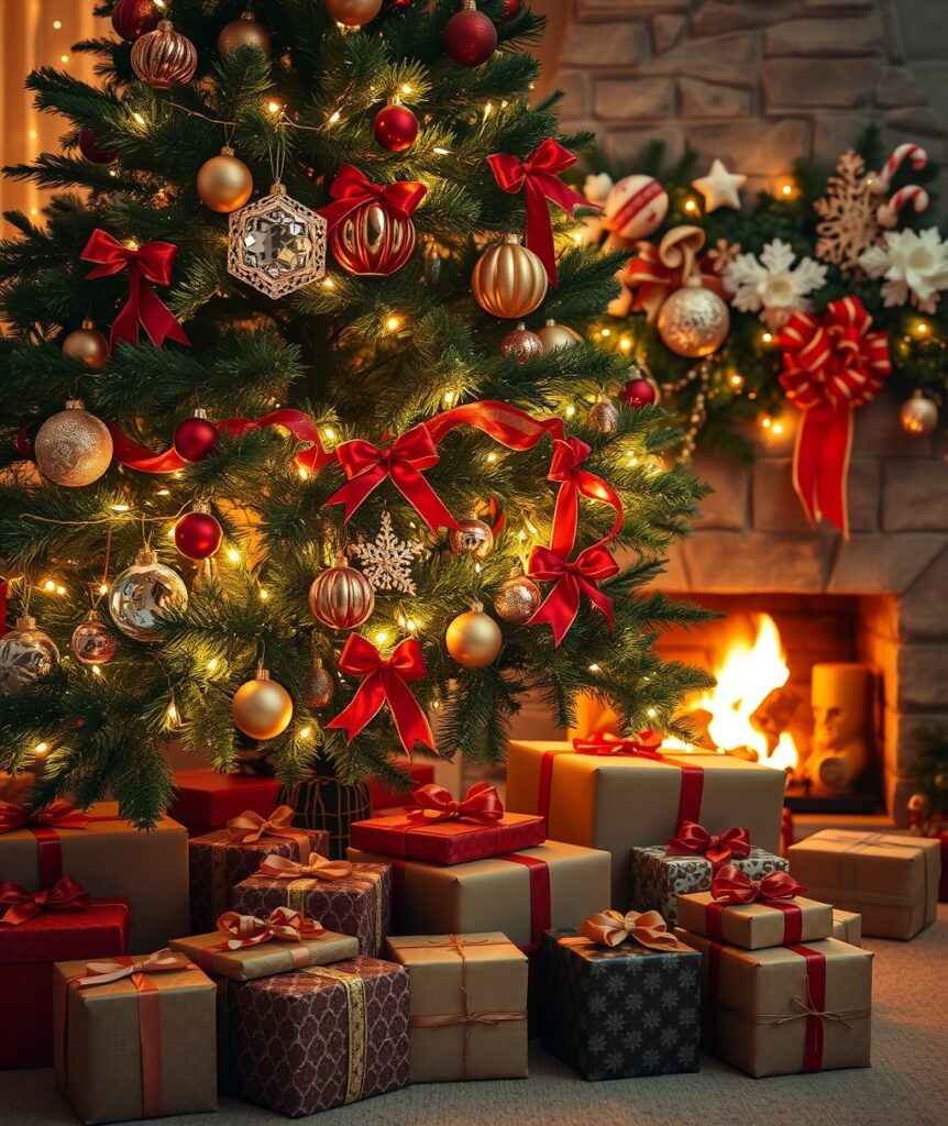 Festive Holiday Decor with Colorful Lights – free AI stock image