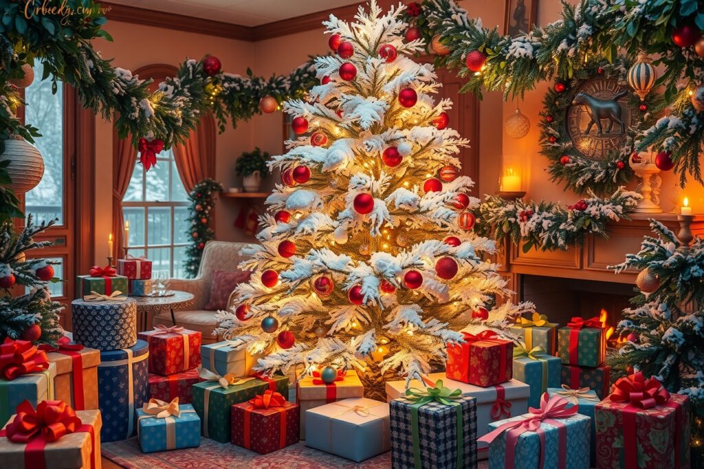 Festive Holiday Decor with Trimming and Lights – free AI stock image
