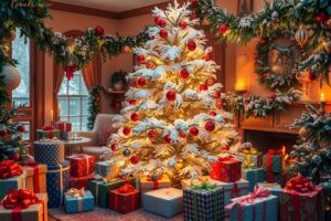 Festive Holiday Decor with Trimming and Lights – free AI stock image