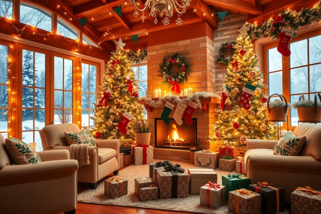 Festive Holiday Decorations and Cheerful Lights – free AI stock image
