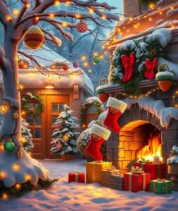 Festive Holiday Decorations and Cheerful Lights – free AI stock image