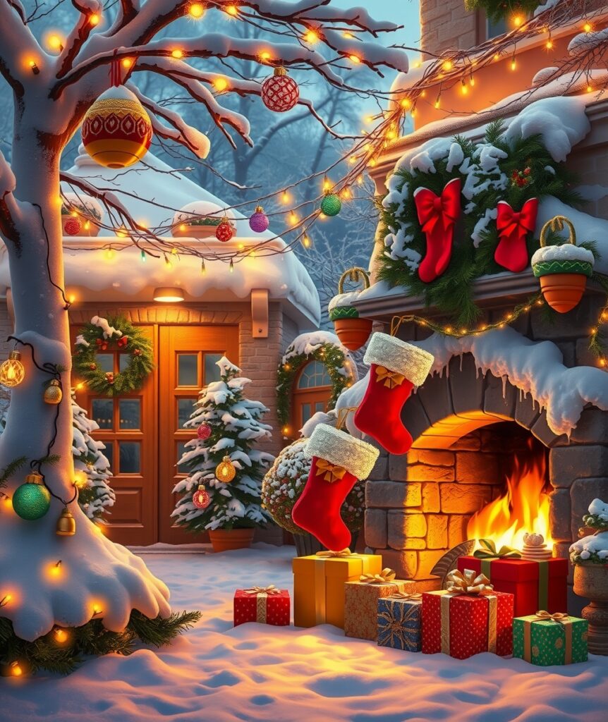 Festive Holiday Decorations and Cheerful Lights – free AI stock image