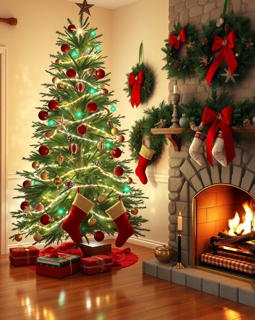 Festive Holiday Decorations in Cheerful Living Room – free AI stock image