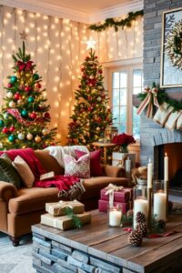 Festive Holiday Decorations in Cozy Living Room – free AI stock image