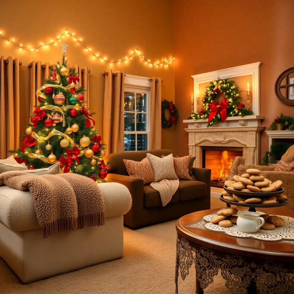 Festive Holiday Decorations with Warm Lights – free AI stock image