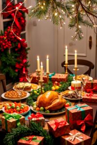 Festive Holiday Feast with Colorful Decorations – free AI stock image
