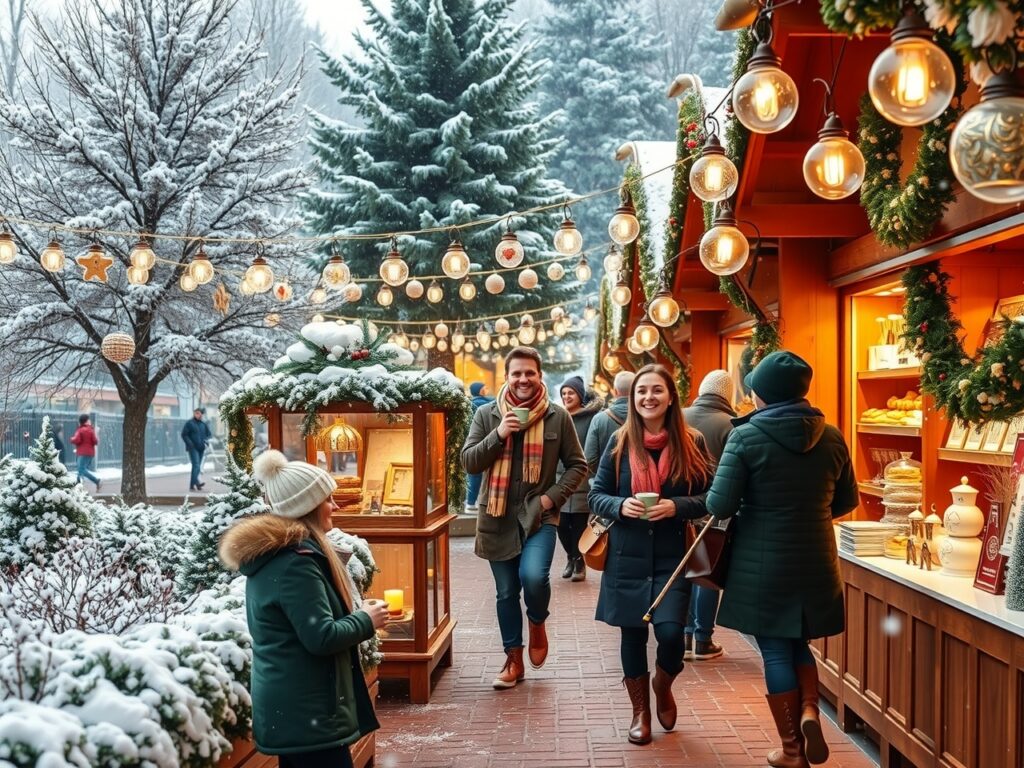 Festive Holiday Market in Winter Wonderland – free AI stock image
