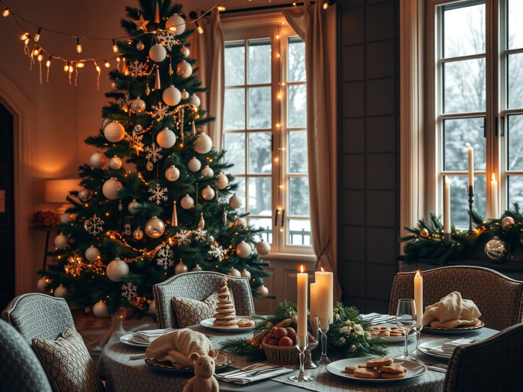 Festive Holiday Scene with Decorations and Lights – free AI stock image
