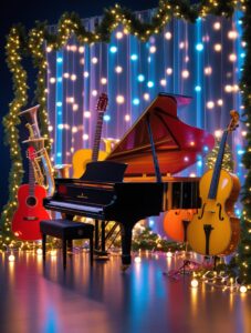 Festive Instruments Under Twinkling Lights – free AI stock image