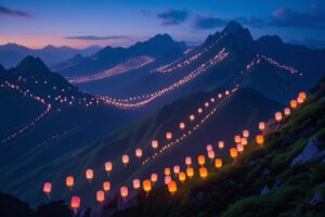 Festive Lanterns Illuminating Mountain Peaks – free AI stock image