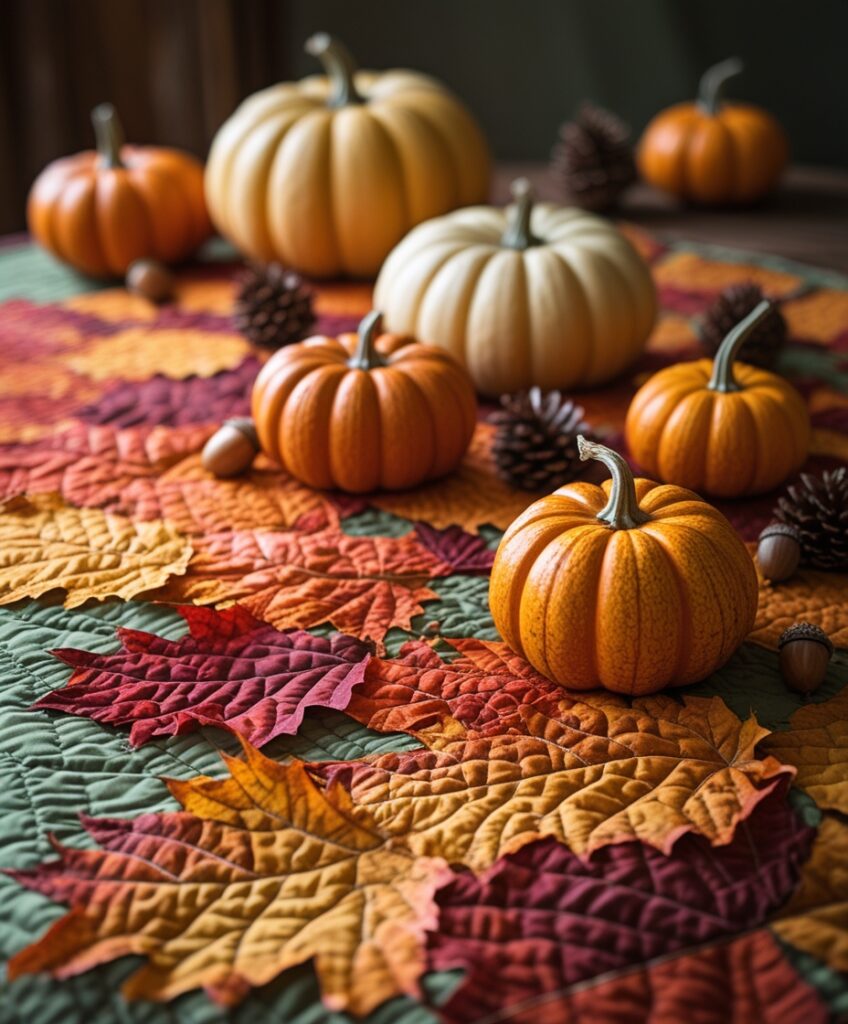 Festive Quilt of Autumn Leaves and Pumpkins – free AI stock image