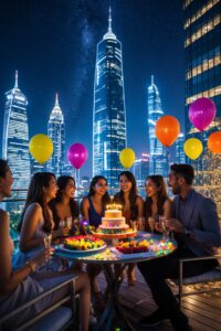 Festive Rooftop Birthday Celebration at Night – free AI stock image