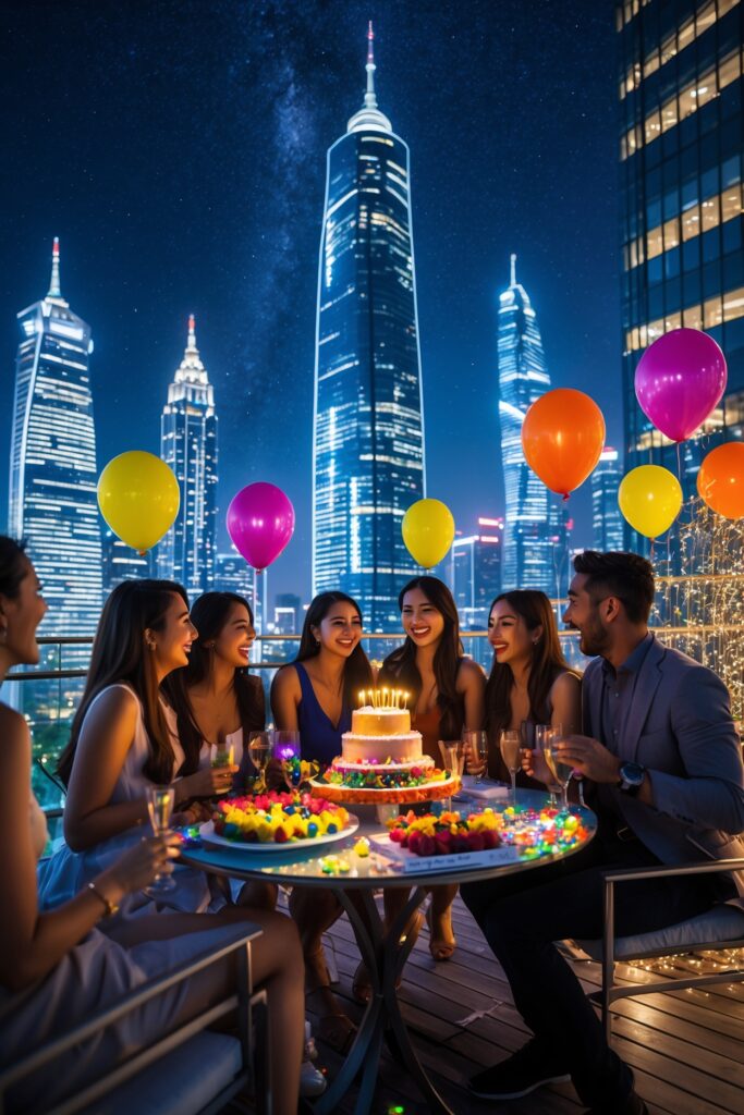 Festive Rooftop Birthday Celebration at Night – free AI stock image