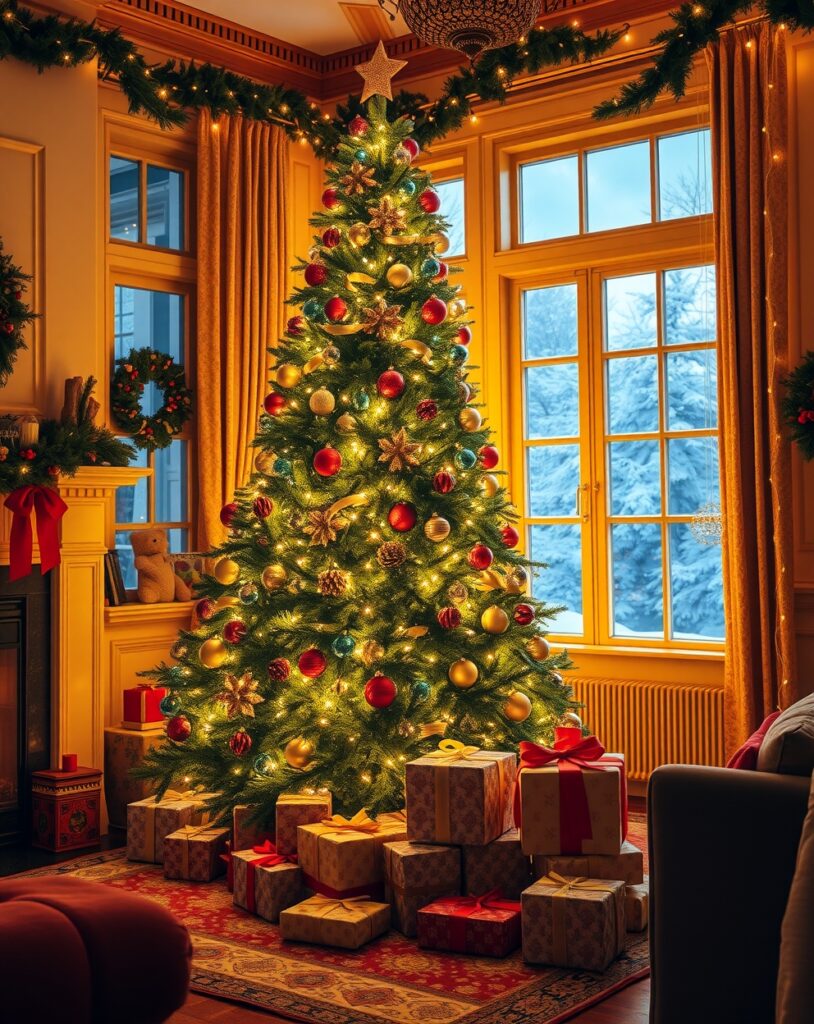 Festive Winter Holiday Decorations and Lights – free AI stock image