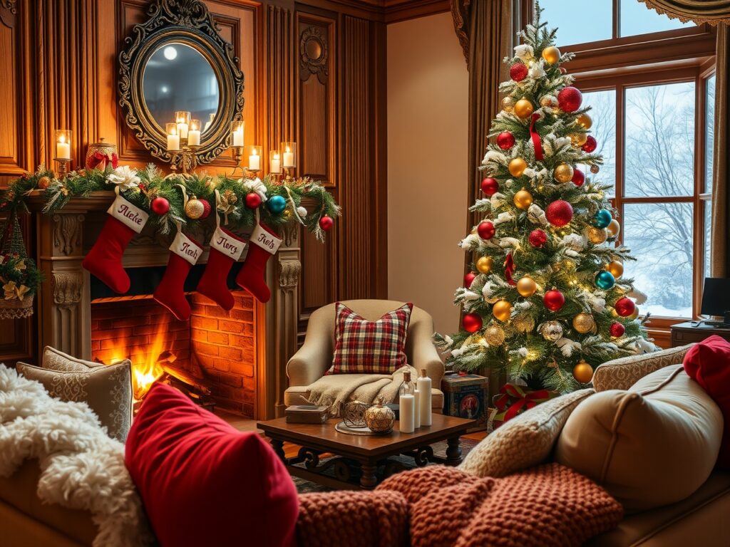 Festive Winter Holidays by the Fire – free AI stock image