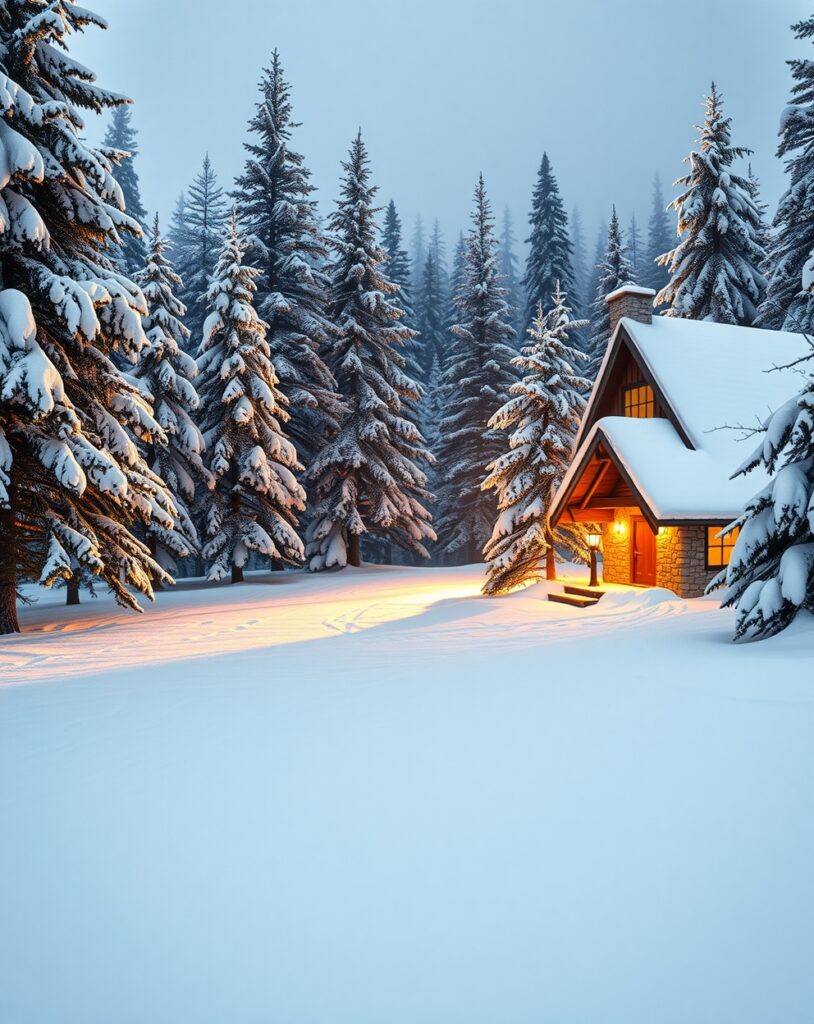 Festive Winter Scene with Snow-covered Trees – free AI stock image
