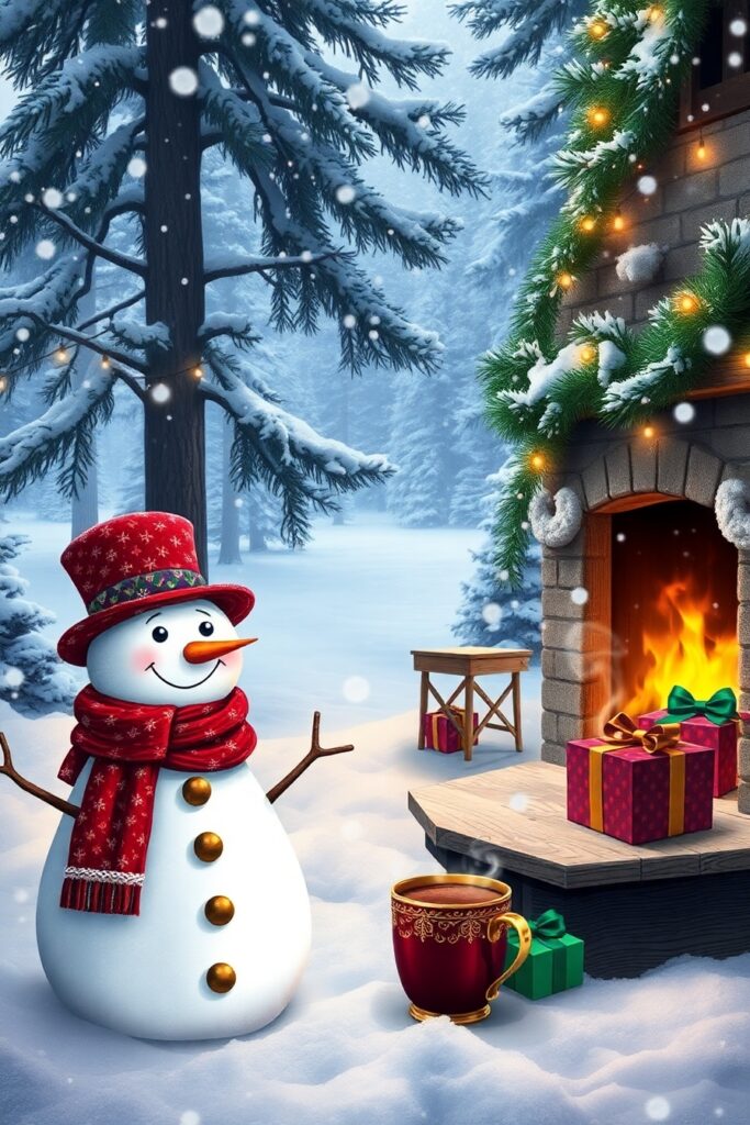Festive Winter Wonderland with Snowman – free AI stock image