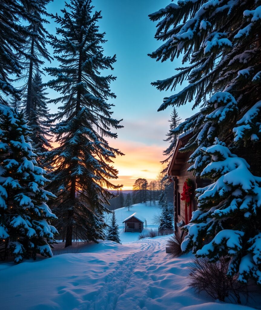 Festive Winter Wonderland with Snowy Landscape – free AI stock image