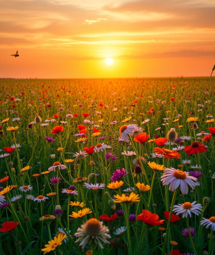 A Field of Colorful Wildflowers at Dusk – free AI stock image