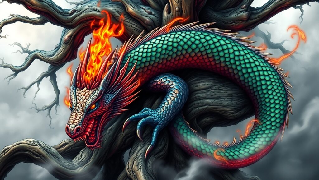 Fierce Dragon and Ancient Tree Tattoo – free AI stock image