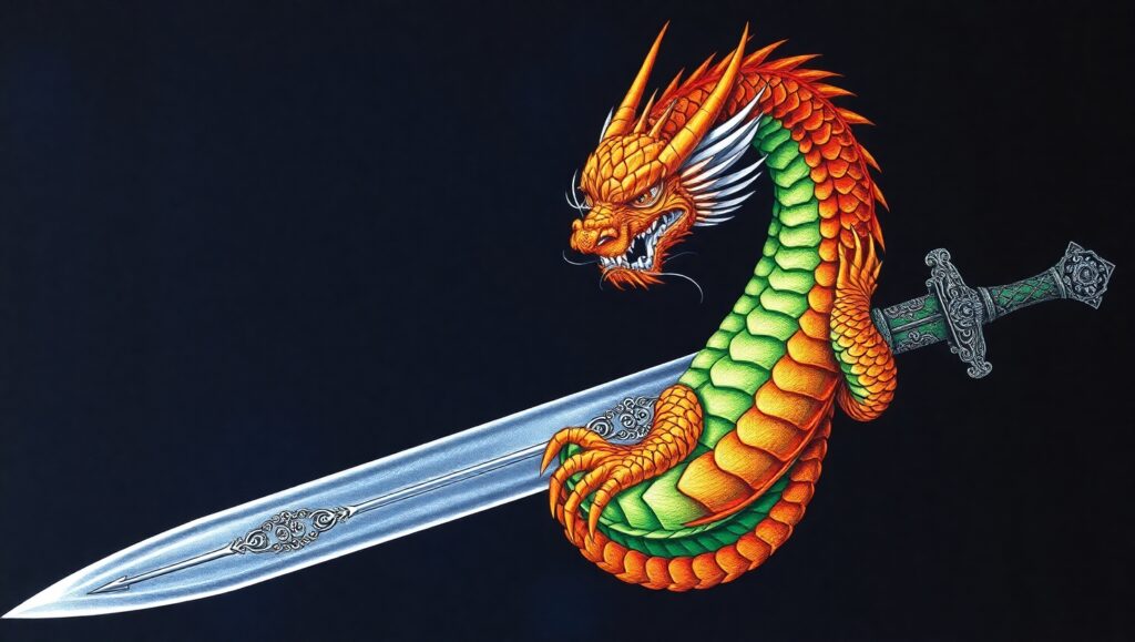 Fierce Dragon and Sword Tattoo Design – free AI stock image