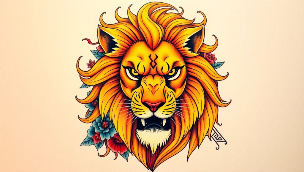 Fierce Lion Tattoo with Floral Elements – free AI stock image