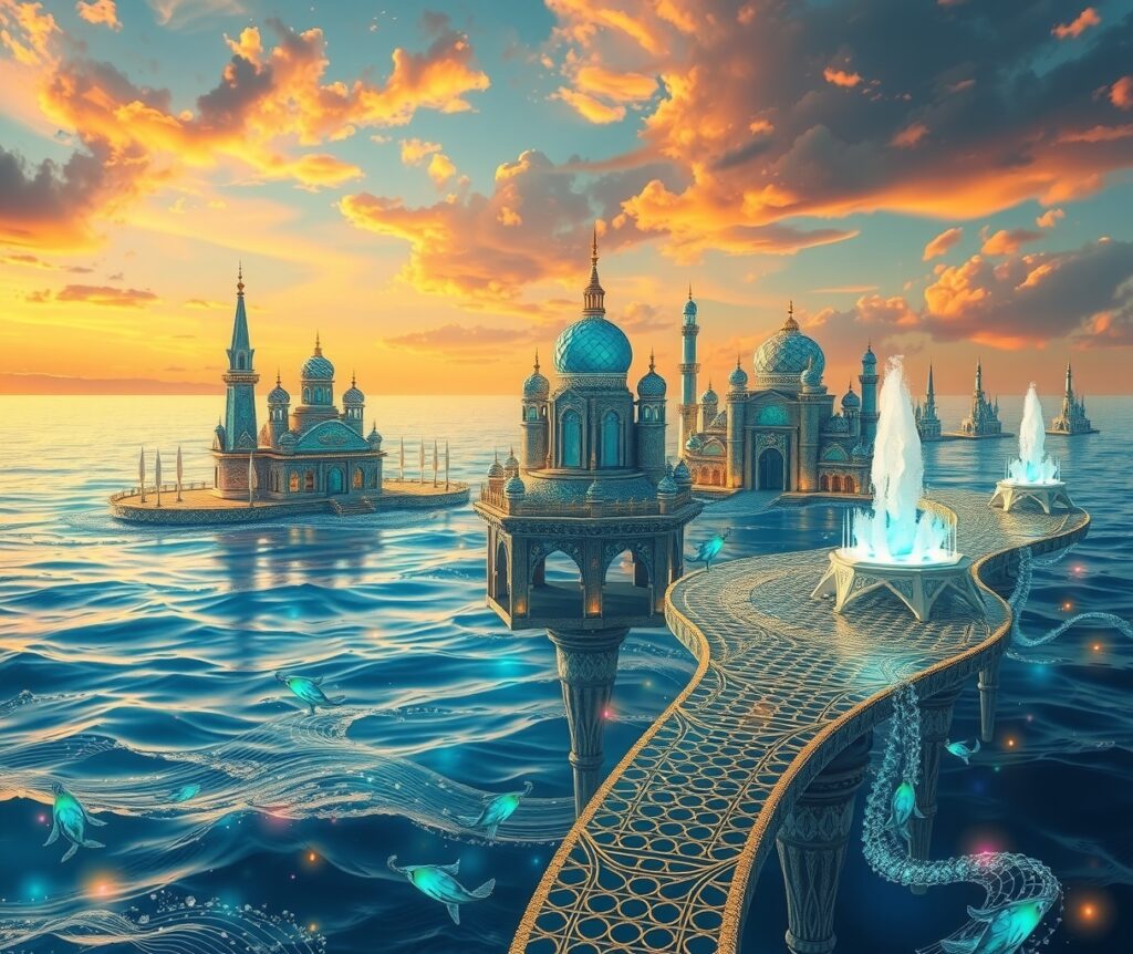 Floating Cities Above a Dreamlike Ocean – free AI stock image