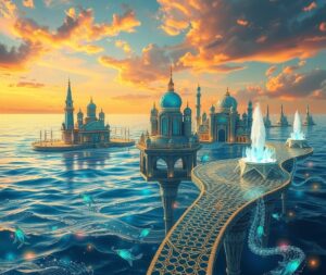 Floating Cities Above a Dreamlike Ocean – free AI stock image