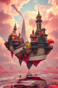 Floating Cities Beneath a Melting Sky – free AI stock image