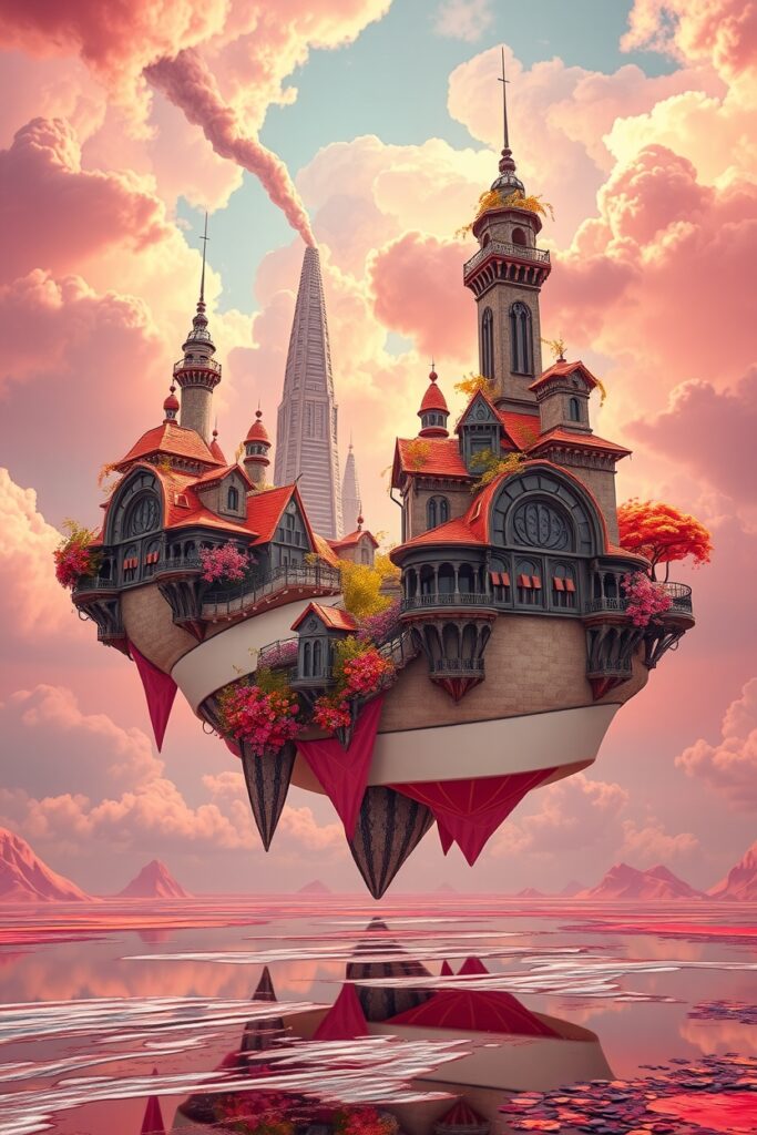 Floating Cities Beneath a Melting Sky – free AI stock image