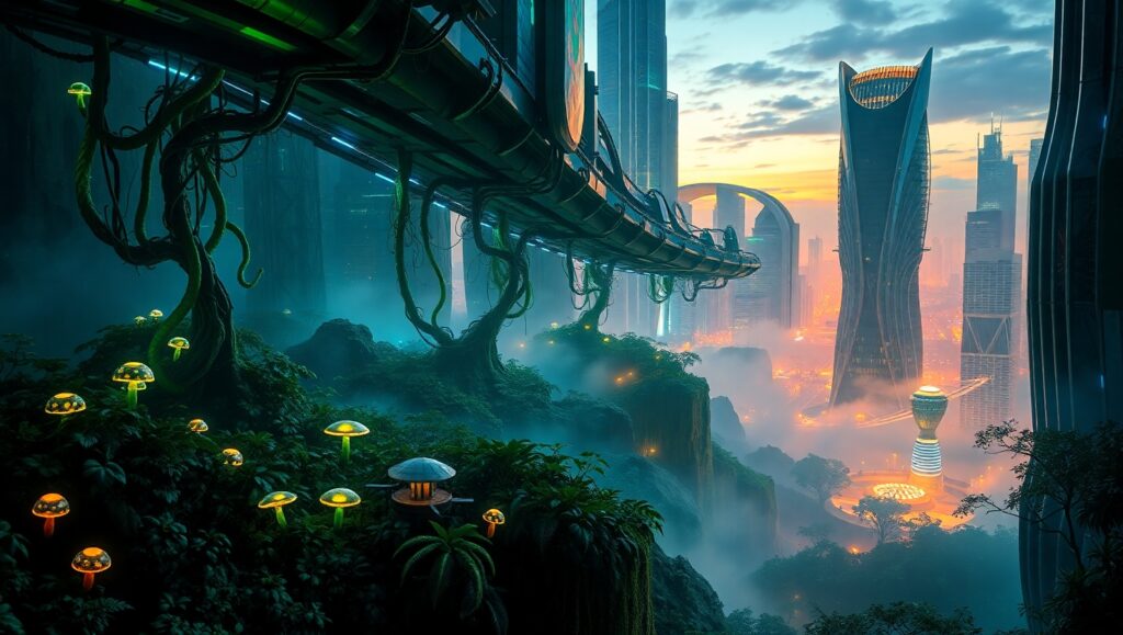 Floating City Above Ancient Jungle – free AI stock image