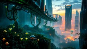 Floating City Above Ancient Jungle – free AI stock image