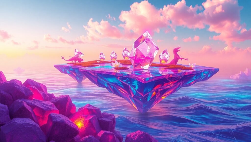 Floating Crystal Islands at Sunset – free AI stock image