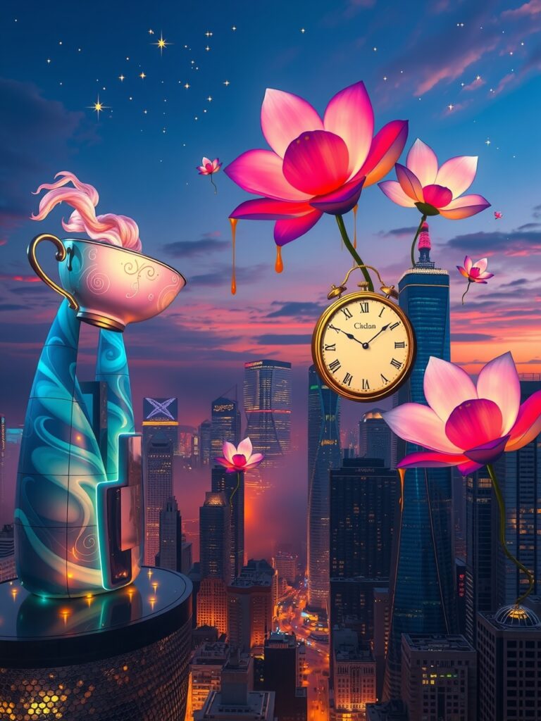 Floating Dreams Above a Neon Cityscape – free AI stock image