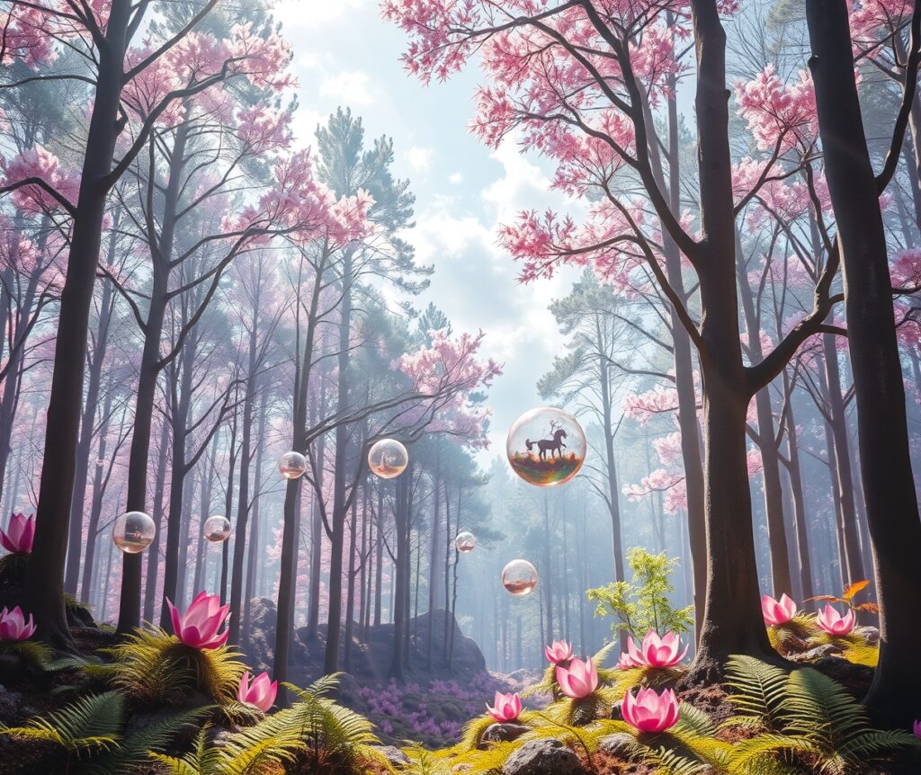 Floating Dreams in a Whispering Forest – free AI stock image