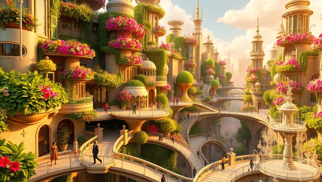 Floating Gardens in a Bustling City – free AI stock image