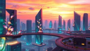 Floating Glass City at Sunset – free AI stock image