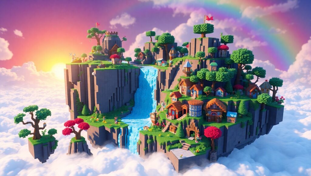 Floating Island Adventure in Voxel – free AI stock image
