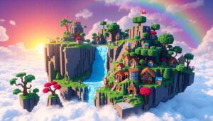 Floating Island Adventure in Voxel – free AI stock image