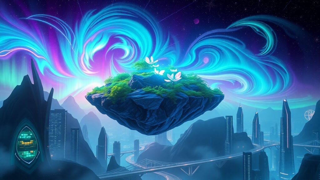 Floating Island Cityscape at Night – free AI stock image