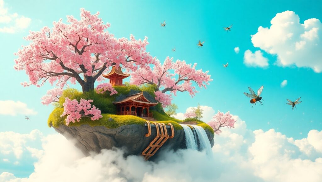 Floating Island of Cherry Blossoms – free AI stock image