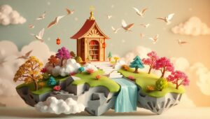 Floating Island Papercraft Library – free AI stock image