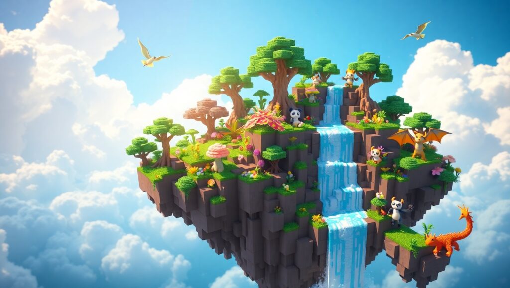 Floating Island Voxel Adventure – free AI stock image