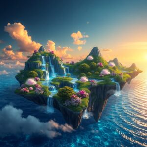 Floating Islands Above a Crystal Ocean – free AI stock image