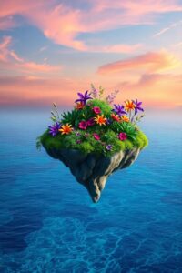 Floating Islands Above a Dreamlike Ocean – free AI stock image