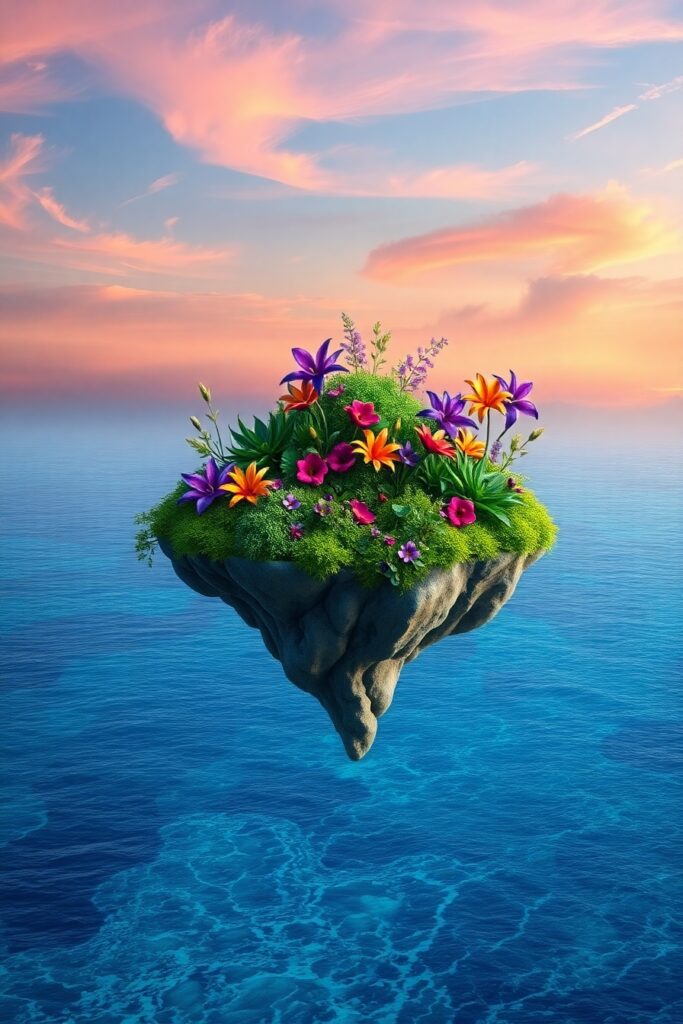Floating Islands Above a Dreamlike Ocean – free AI stock image