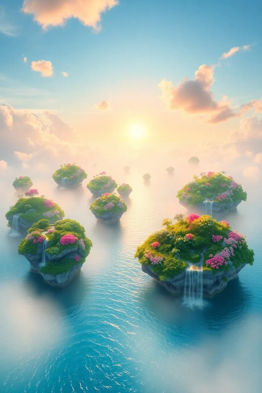 Floating Islands Above a Dreamlike Ocean